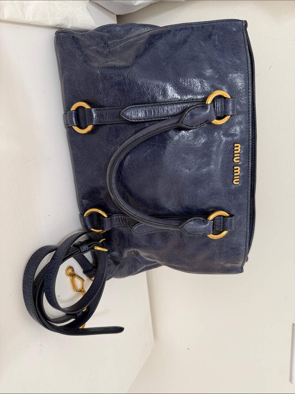 Miu Miu Navy Leather Shoulder Bag with Gold Hardware
Come with crossbody strap